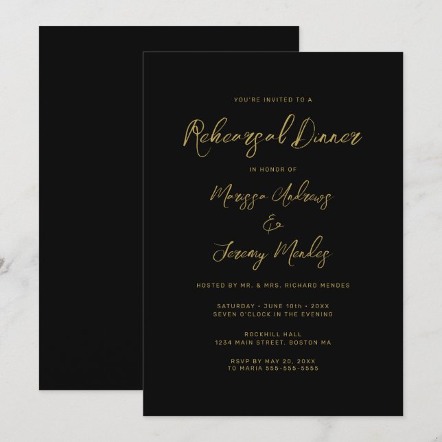 Invitation Dîner de répétition de mariage à l'encre dorée mod (Devant / Derrière)
