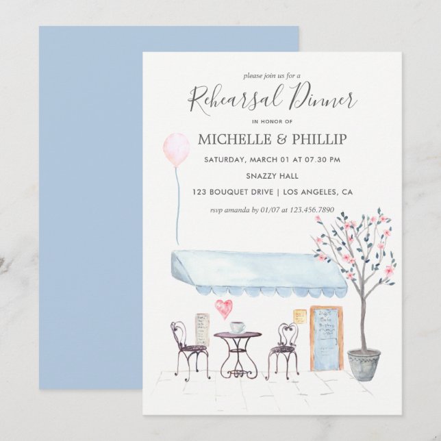 Invitation Dîner de répétition de mariage à Paris aquarelle f (Devant / Derrière)