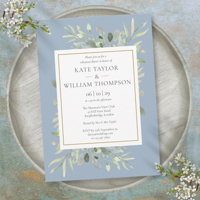 Invitation Dîner de répétition de mariage aquarelle bleu pous (Dusty Blue Watercolor Greenery Rehearsal Dinner Invitation)