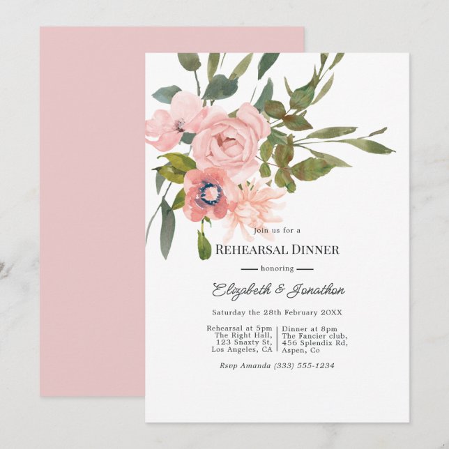 Invitation Dîner de répétition de mariage aquarelle rose blus (Devant / Derrière)