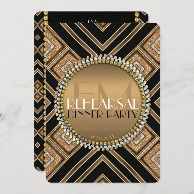 Invitation Dîner de répétition de mariage Art déco noir et or (Devant / Derrière)