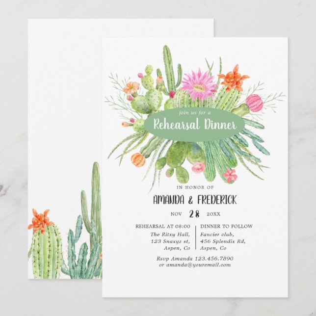 Invitation Dîner de répétition de mariage au cactus à l'aquar (Devant / Derrière)