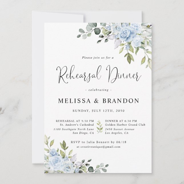 Invitation Dîner de répétition de mariage au eucalyptus flora (Devant)