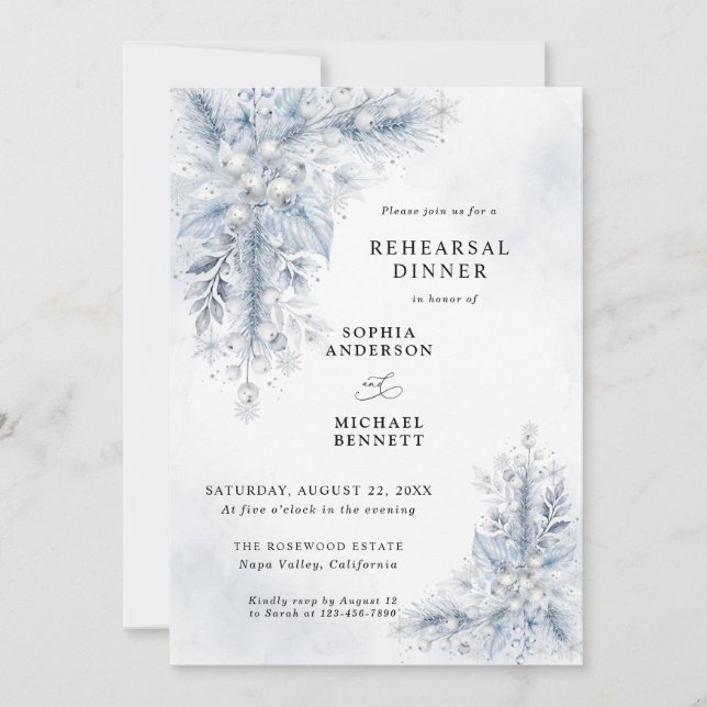 Invitation Dîner de répétition de mariage aux baies blanches  (Devant)