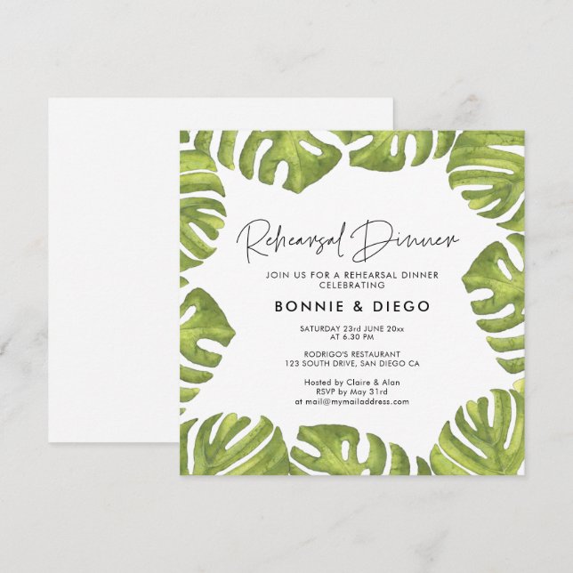 Invitation Dîner de répétition de mariage aux feuilles de pal (Devant / Derrière)