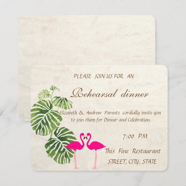 Invitation Dîner de répétition de mariage aux flamants tropic (Devant / Derrière)