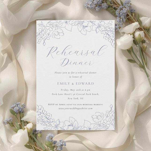 Invitation Dîner de répétition de mariage aux fleurs bleues d (Créateur téléchargé)