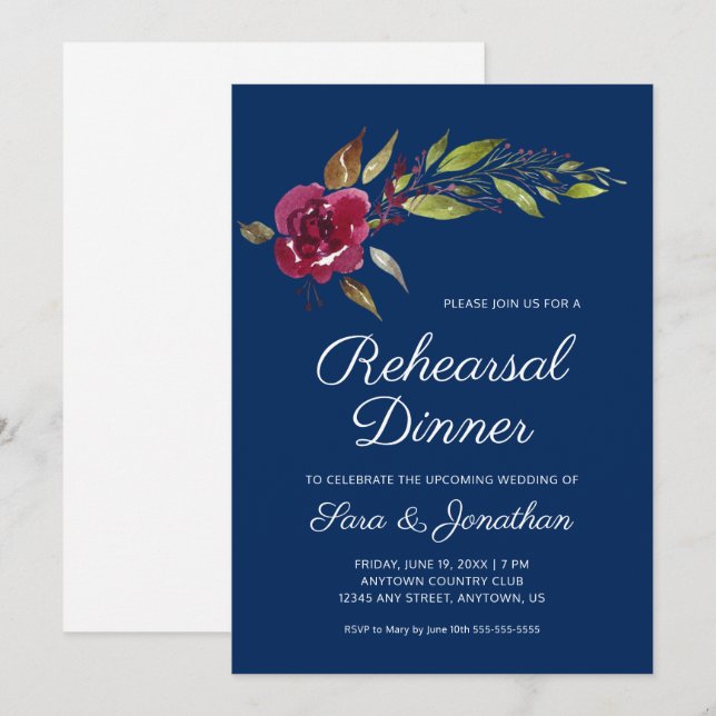 Invitation Dîner de répétition de mariage aux fleurs de Bourg (Devant / Derrière)