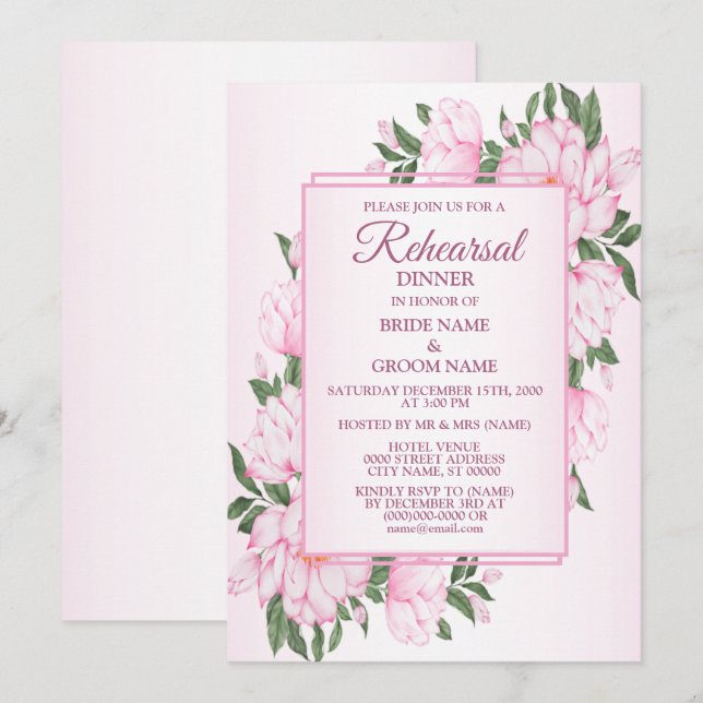 Invitation Dîner de répétition de mariage aux fleurs roses et (Devant / Derrière)
