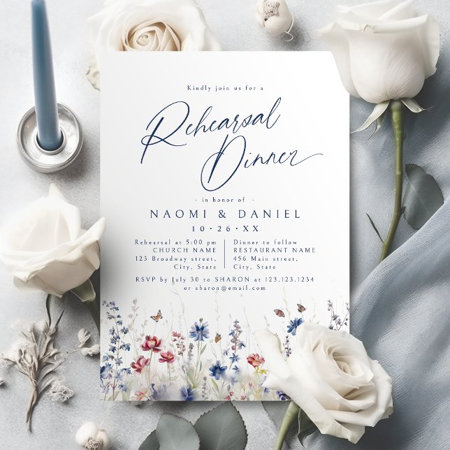 Invitation Dîner de répétition de mariage aux fleurs sauvages (Navy Blue Watercolor Wildflower Rehearsal Dinner Invitation)