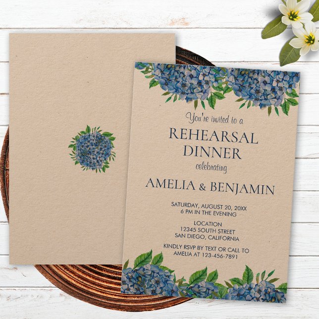 Invitation Dîner de répétition de mariage aux hydrangeas bleu (Créateur téléchargé)