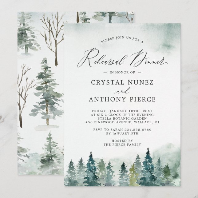 Invitation Dîner de répétition de mariage aux pins de la forê (Devant / Derrière)