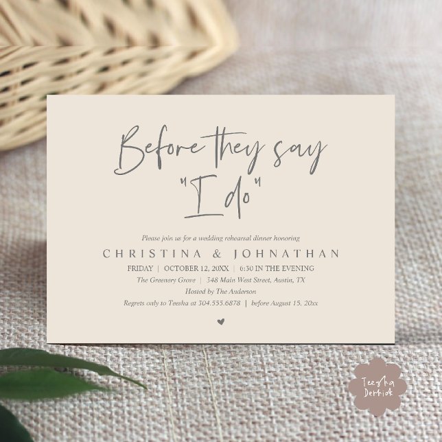 Invitation Dîner de répétition de mariage, avant qu'ils ne di (Wedding Rehearsal Dinner, Before They Say "I Do" Invitation Card in Cream Grey)