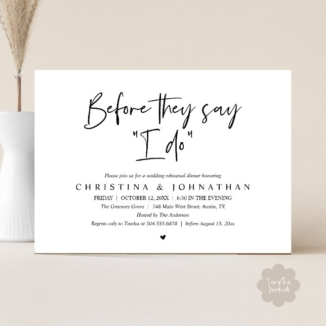 Invitation Dîner de répétition de mariage, avant qu'ils ne di (Wedding Rehearsal Dinner, Before They Say "I Do" Invitation Card in Black and White)