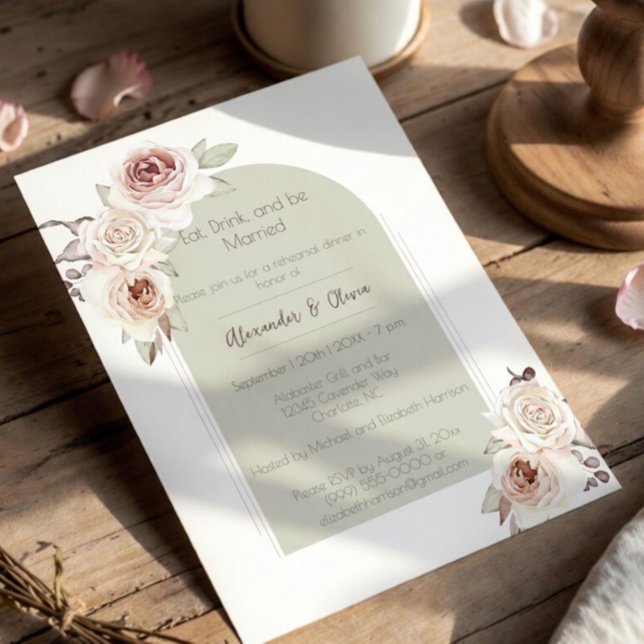 Invitation Dîner de répétition de mariage avec arche de roses (Bohemian Rose Arch Wedding Rehearsal Dinner)
