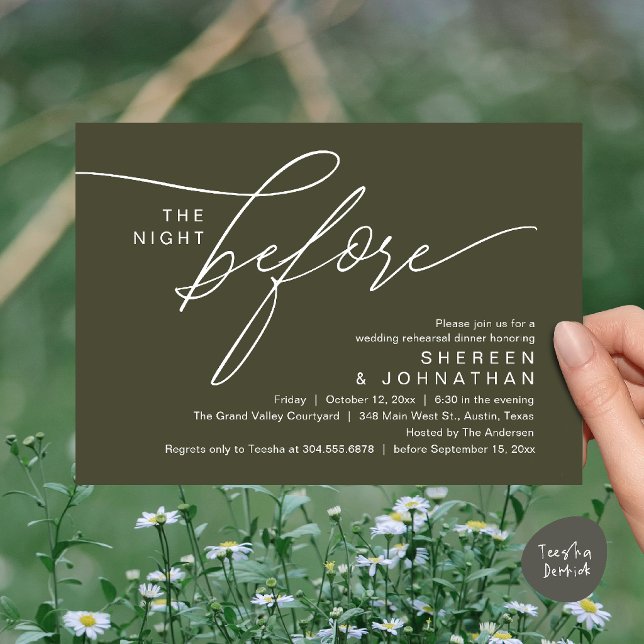 Invitation Dîner de répétition de mariage avec écriture olive (Elegant Script Wedding Rehearsal Dinner Invitation Card in Olive Green)