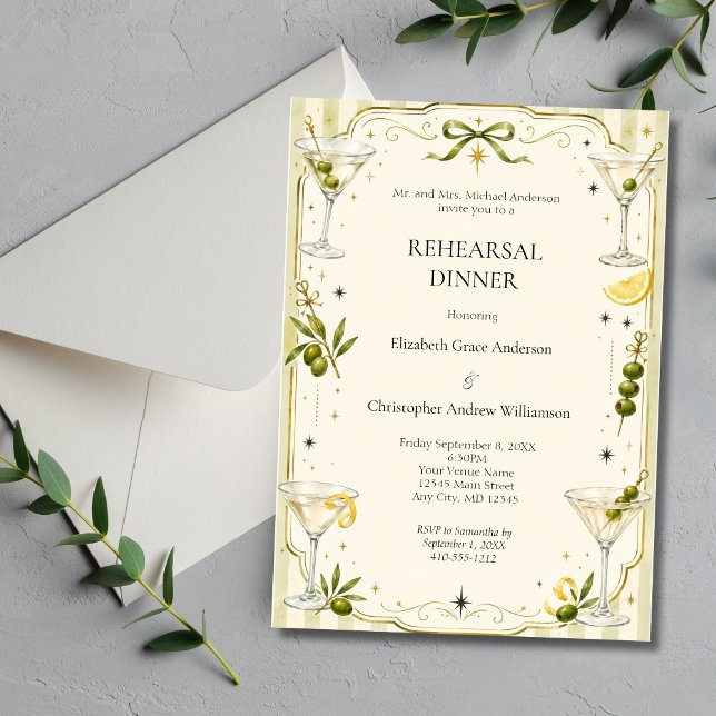 Invitation Dîner de répétition de mariage avec élégant cockta (Classic Chic Martini Cocktail Wedding Rehearsal dinner invitation)