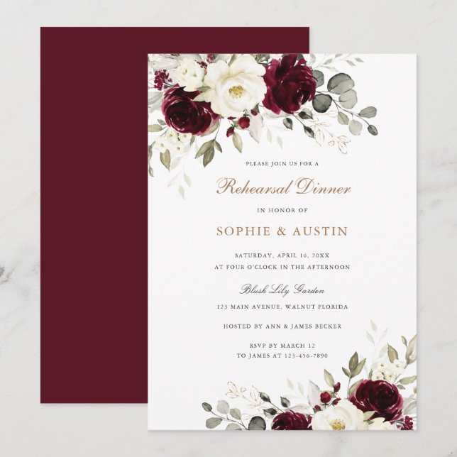 Invitation Dîner de répétition de mariage avec verdure et bor (Devant / Derrière)