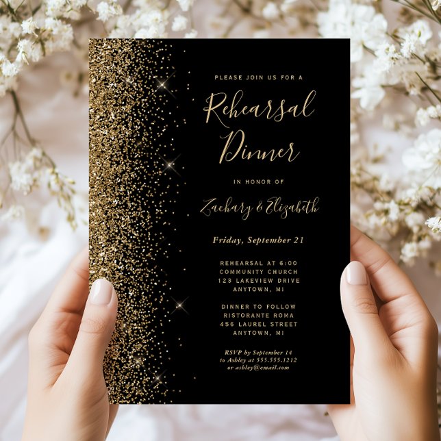 Invitation Dîner de répétition de mariage Black Gold Glitter (Créateur téléchargé)
