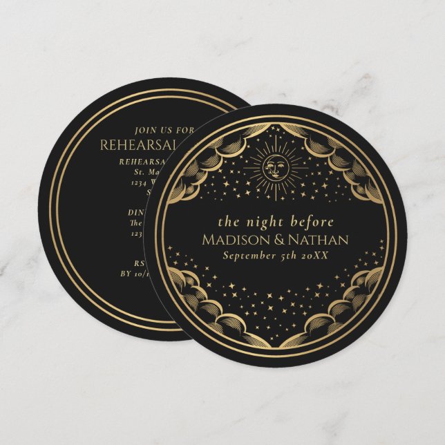 Invitation Dîner de répétition de mariage Black Tarot Soleil  (Devant / Derrière)