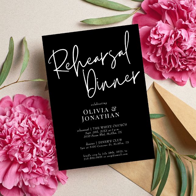 Invitation Dîner de répétition de mariage Blanc et Noir (White and black rehearsal dinner invitation sets a clean, elegant tone for your pre-wedding night.)