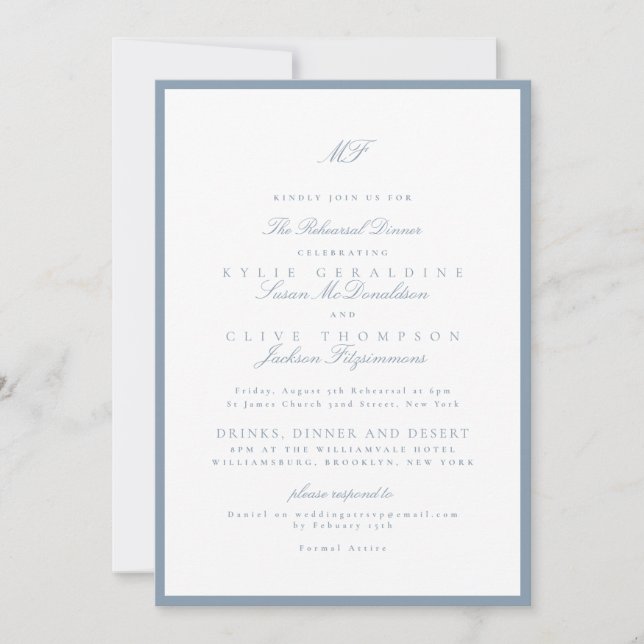 Invitation Dîner de répétition de mariage bleu poussiéreux de (Devant)