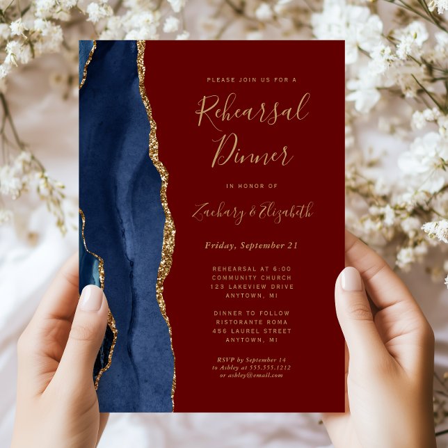 Invitation Dîner de répétition de mariage Blue Gold Agate Bur (Créateur téléchargé)