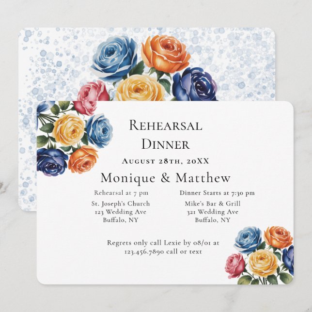 Invitation Dîner de répétition de mariage Blue & Orange Rose (Devant / Derrière)