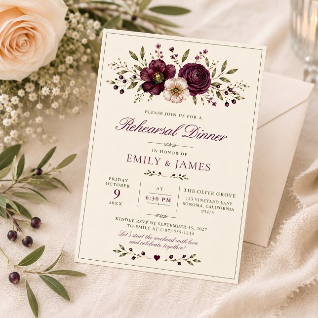 Invitation Dîner de répétition de mariage botanique à l'olive (Créateur téléchargé)