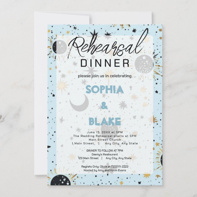Invitation Dîner de répétition de mariage céleste Black & Blu (Devant)