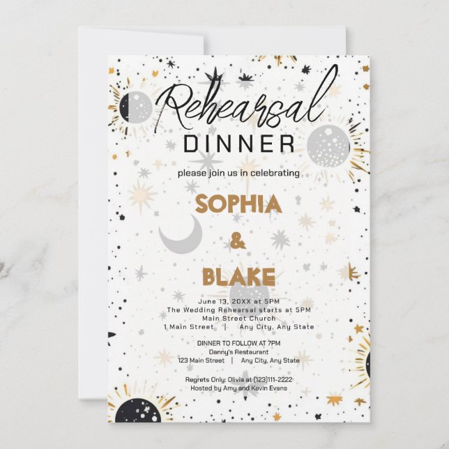 Invitation Dîner de répétition de mariage céleste noir et or (Devant)