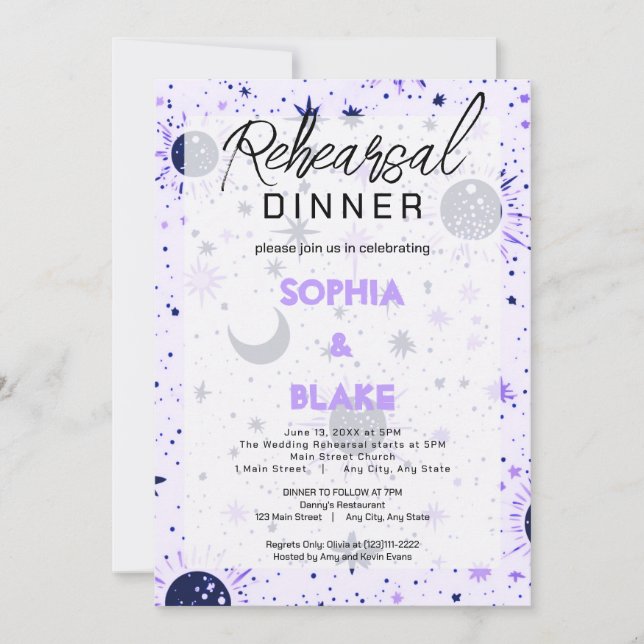 Invitation Dîner de répétition de mariage céleste noir et vio (Devant)