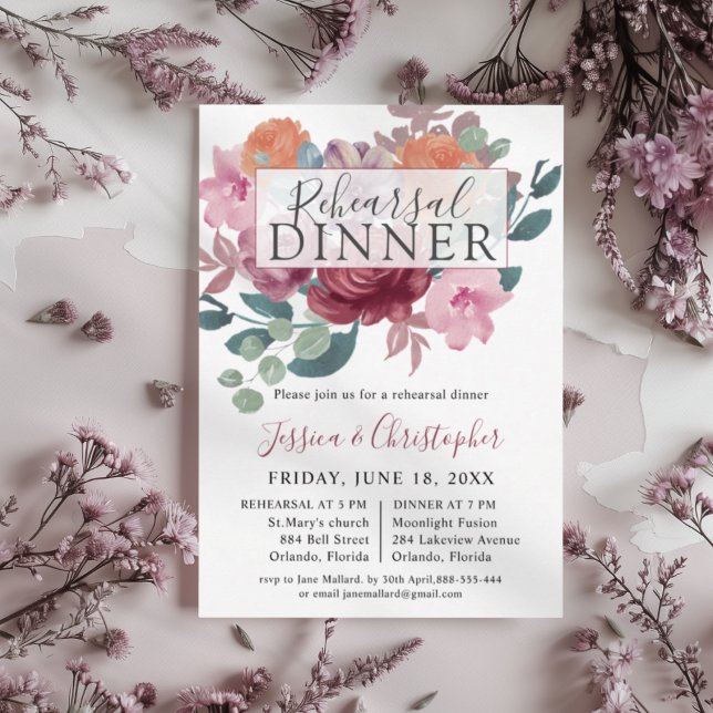 Invitation Dîner de répétition de mariage chic bordeaux et ro (Créateur téléchargé)