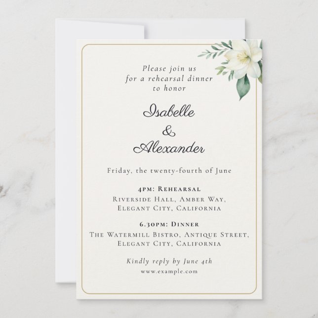 Invitation Dîner de répétition de mariage classique à la verd (Devant)