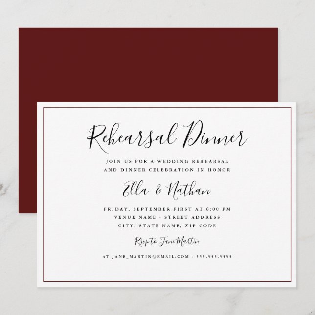 Invitation Dîner de répétition de mariage classique en Bourgo (Devant / Derrière)