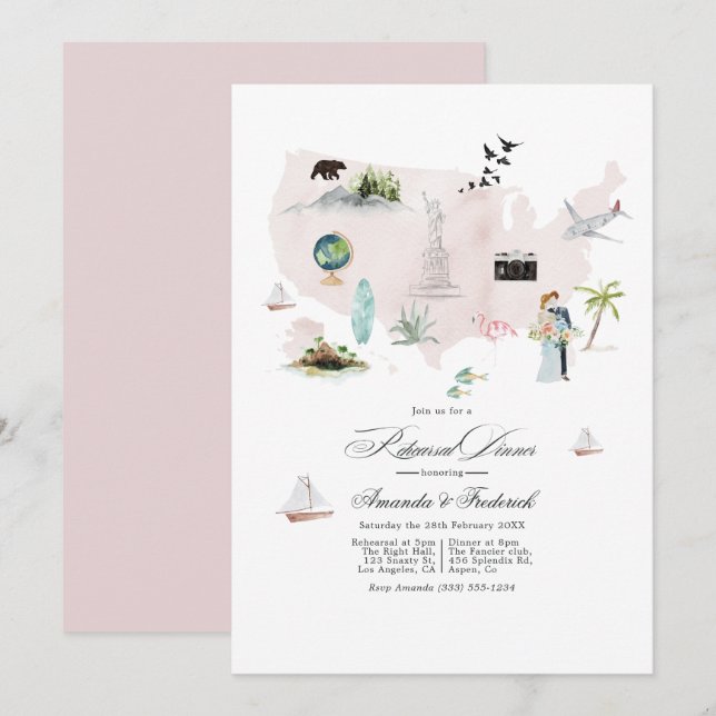 Invitation Dîner de répétition de mariage de destination aux  (Devant / Derrière)
