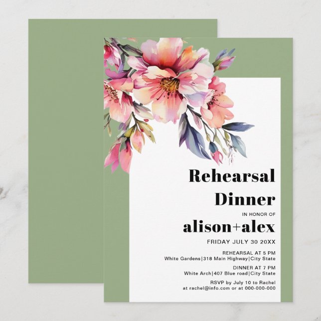 Invitation Dîner de répétition de mariage de rhododendron fle (Devant / Derrière)