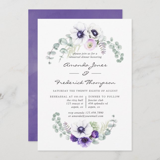 Invitation Dîner de répétition de Mariage de violet poussiére (Devant / Derrière)