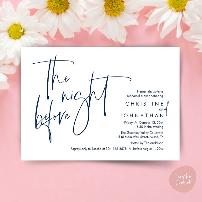 Invitation Dîner de répétition de mariage décontracté, la vei (The night before, Casual Modern Wedding Rehearsal Dinner Invitation Card PDF Navy Blue)