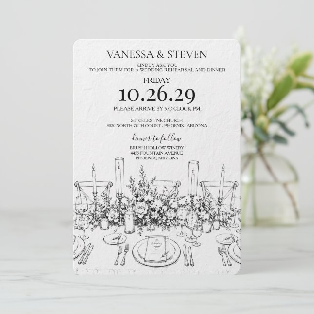 Invitation Dîner de répétition de mariage dessiné à la main (Debout devant)