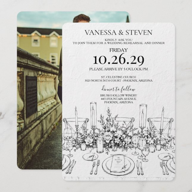 Invitation Dîner de répétition de mariage dessiné à la main (Devant / Derrière)