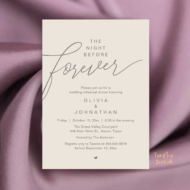 Invitation Dîner de Répétition de Mariage, Écriture Élégante  (Wedding Rehearsal Dinner, Modern Elegant Script Invitation Card in Cream and Grey)