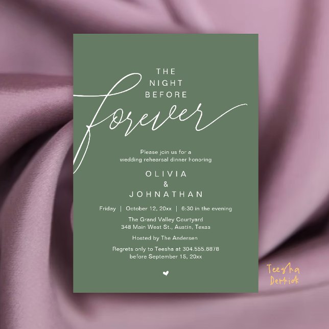 Invitation Dîner de répétition de mariage, écriture élégante  (Wedding Rehearsal Dinner, Modern Elegant Script Invitation Card in Sage Green)