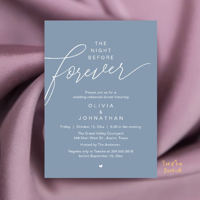 Invitation Dîner de répétition de mariage, écriture élégante  (Wedding Rehearsal Dinner, Modern Elegant Script Invitation Card in Dusty Blue)