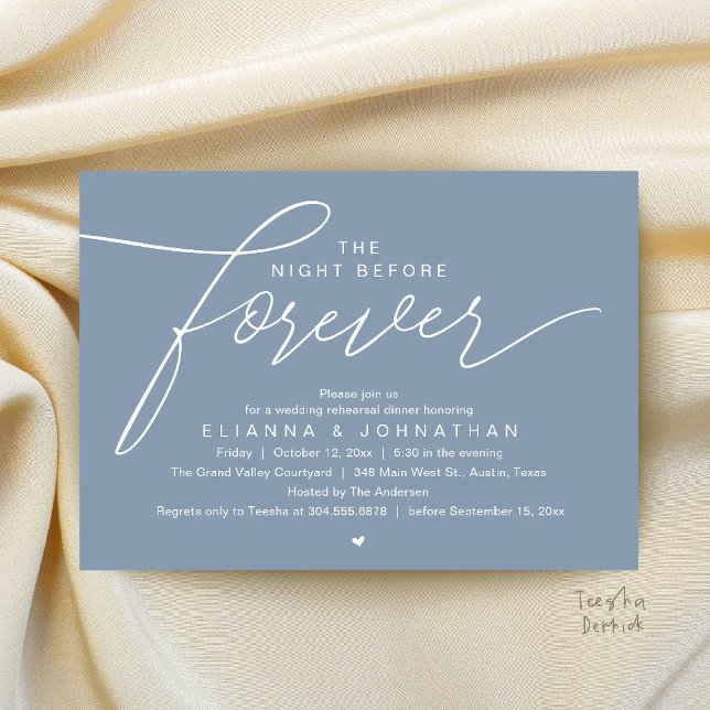 Invitation Dîner de répétition de mariage, écriture élégante  (The Night Before Forever, Wedding Rehearsal Dinner, Modern Elegant Invites Card in Dusty Blue)