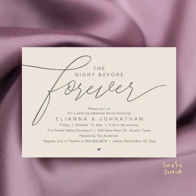Invitation Dîner de répétition de mariage, écriture élégante  (The Night Before Forever, Wedding Rehearsal Dinner, Modern Elegant Invites Card in Cream Grey)