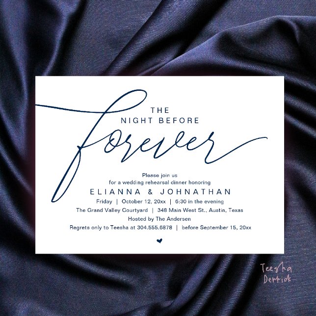 Invitation Dîner de répétition de mariage, écriture élégante  (The Night Before Forever, Wedding Rehearsal Dinner, Modern Elegant Invites Card in navy Blue)
