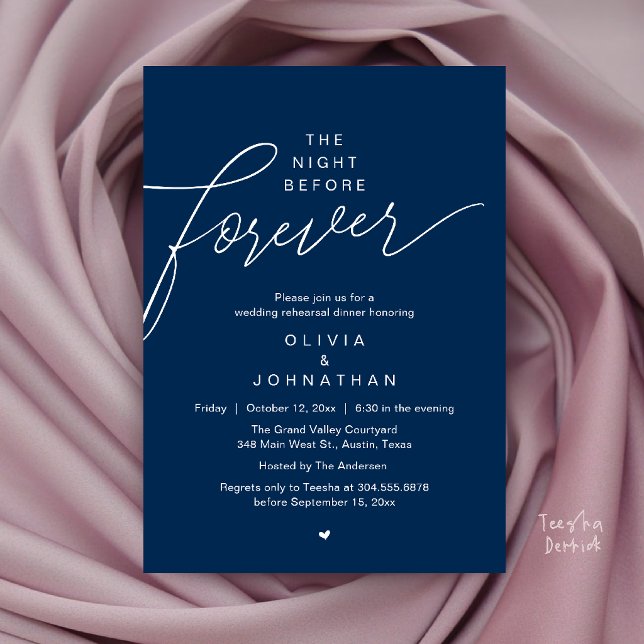 Invitation Dîner de répétition de mariage, écriture moderne é (Wedding Rehearsal Dinner, Modern Elegant Script Invitation Card in Navy Blue)
