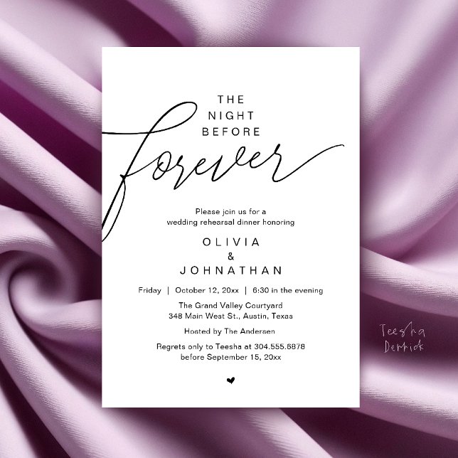 Invitation Dîner de répétition de mariage, écriture moderne é (Wedding Rehearsal Dinner, Modern Elegant Script Invitation Card in Black and White)