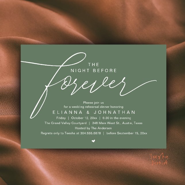 Invitation Dîner de répétition de mariage, écriture moderne é (The Night Before Forever, Wedding Rehearsal Dinner, Modern Elegant Invites Card in Sage Green)